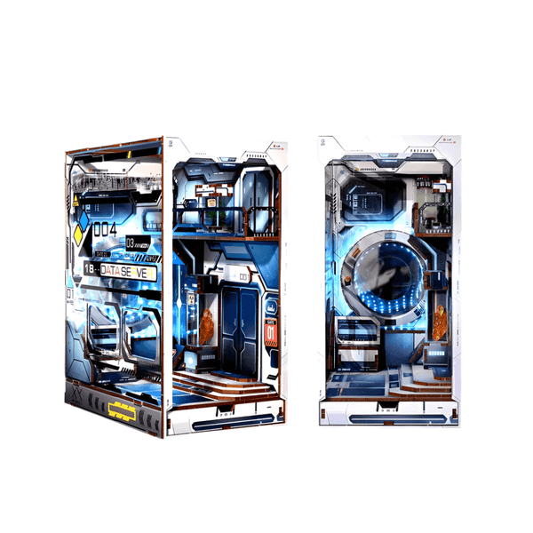 Alien Hub sci fi book nook kit with technological blue LED effects for a futuristic bookshelf display — Gearfinch