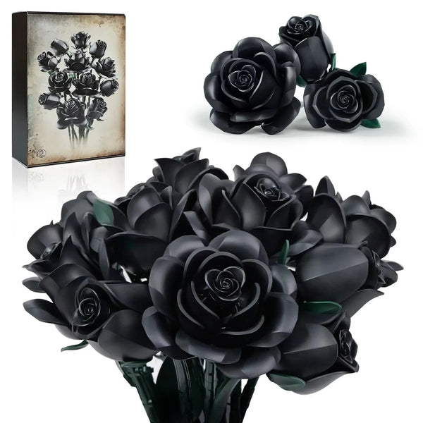3 flower black rose building blocks with curved petals for a desk display — Gearfinch