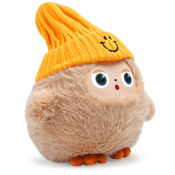 Khaki interactive plush with mustard knit hat and LED eyes — Gearfinch