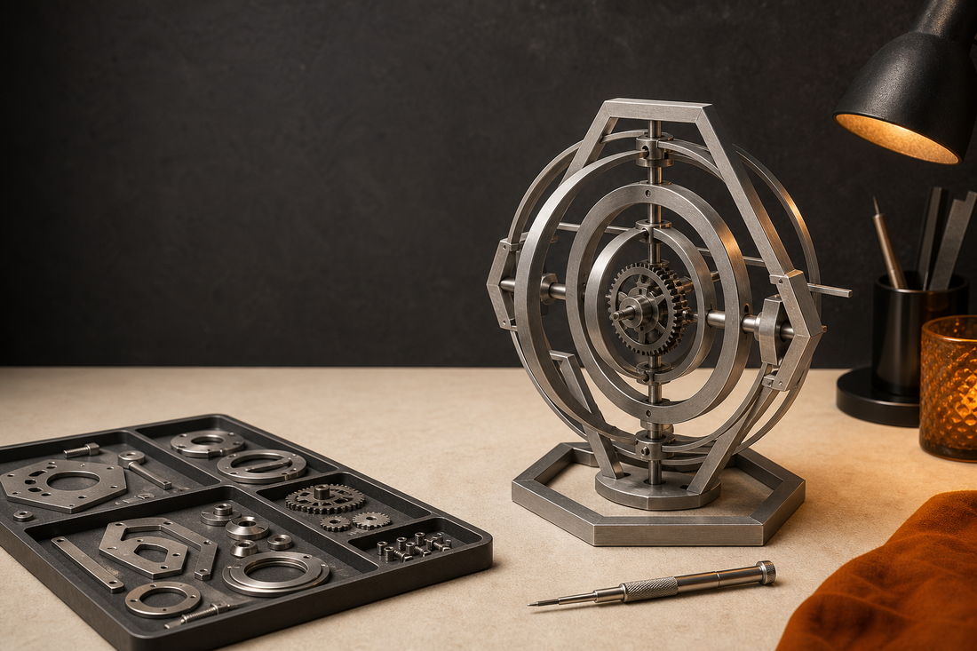 Generic abstract metal model parts and a geometric mechanism on an editorial workbench — Gearfinch