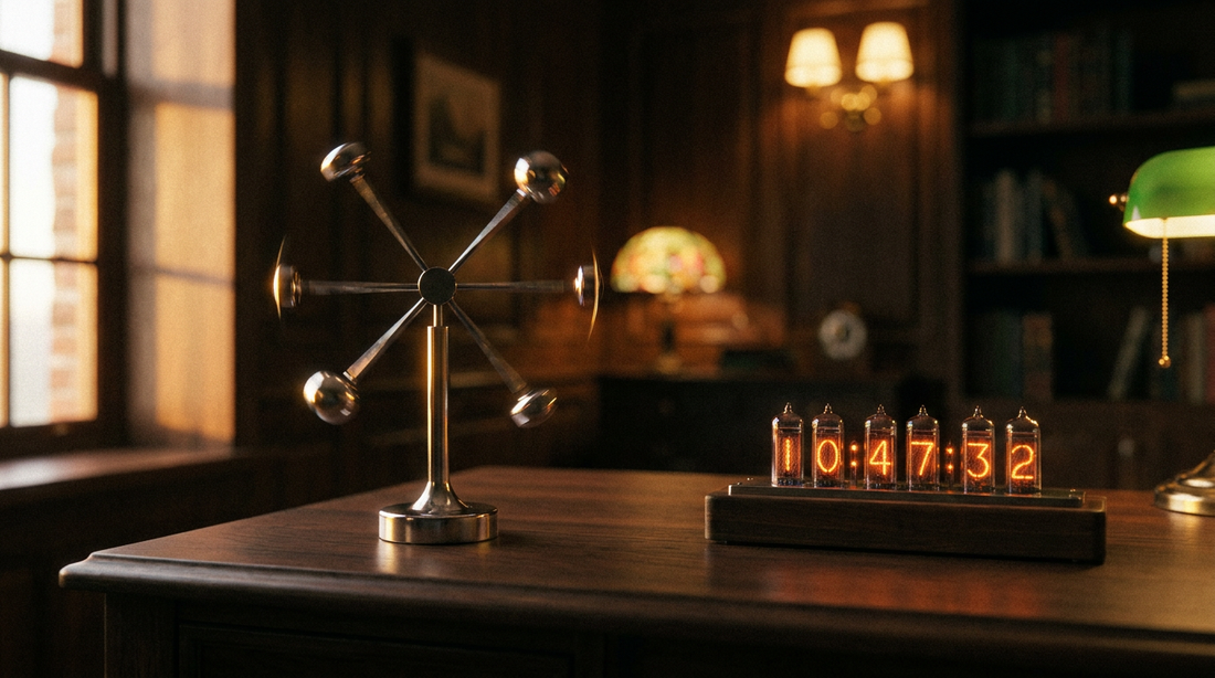 A polished kinetic balance sculpture mid-swing beside a glowing Nixie tube clock on a dark walnut desk, lit by warm rim light.