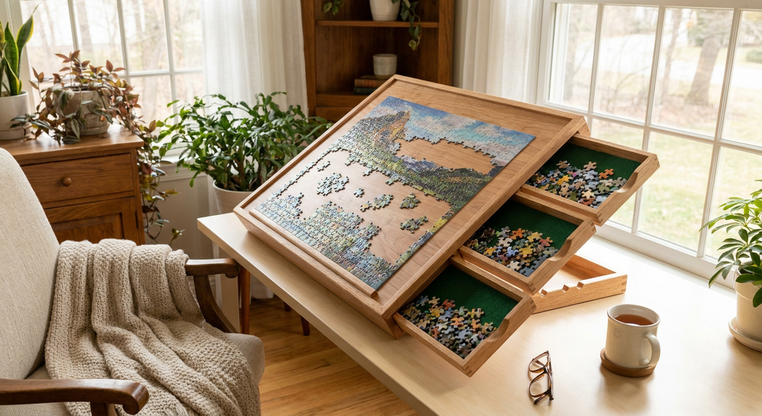 A wooden tilting puzzle board with open felt sorting drawers and a half-finished jigsaw in soft natural window light.