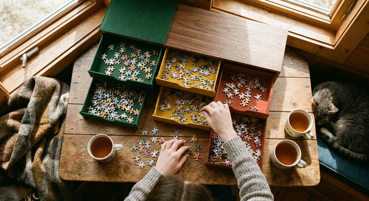 Top-down view of jigsaw pieces being sorted into felt drawers on a wooden puzzle board in warm light
