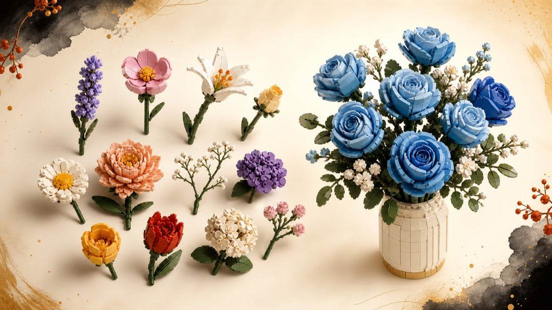 Editorial illustration of varied building-block flowers beside a blue rose bouquet — Gearfinch
