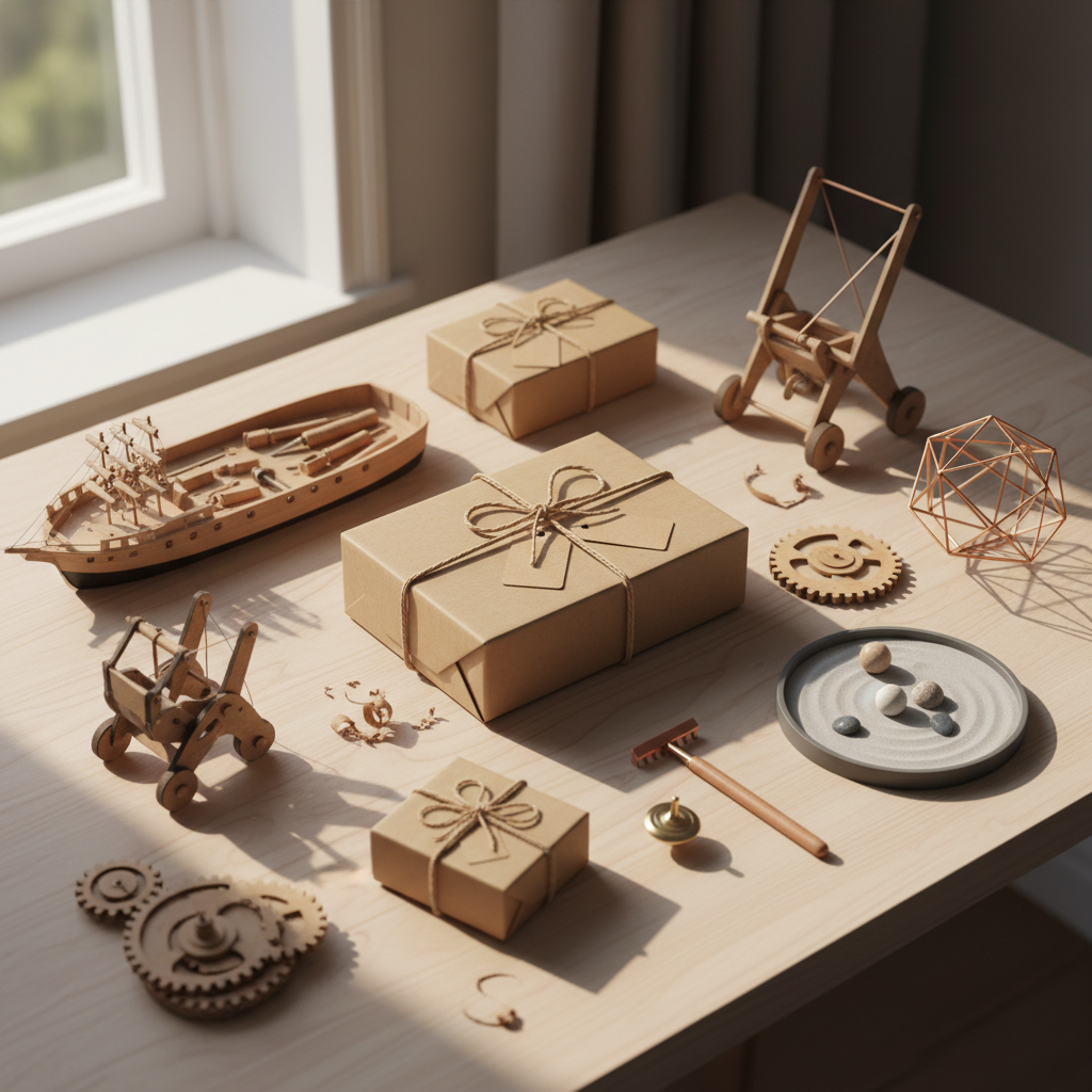 Maker gift boxes arranged with wooden models, gears and desk objects in natural light — Gearfinch