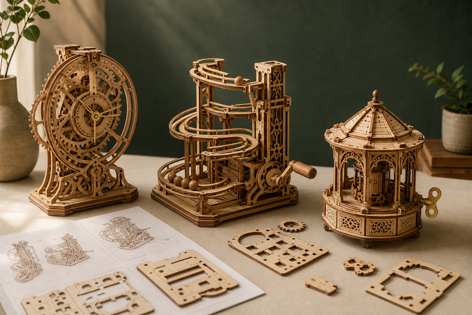 Three generic wooden model projects representing a clockwork build, marble run and wind-up display — Gearfinch