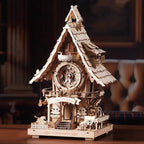 Colorful or Wood cuckoo clock puzzle with LED lights, hourly bird movement, wing flapping and melody