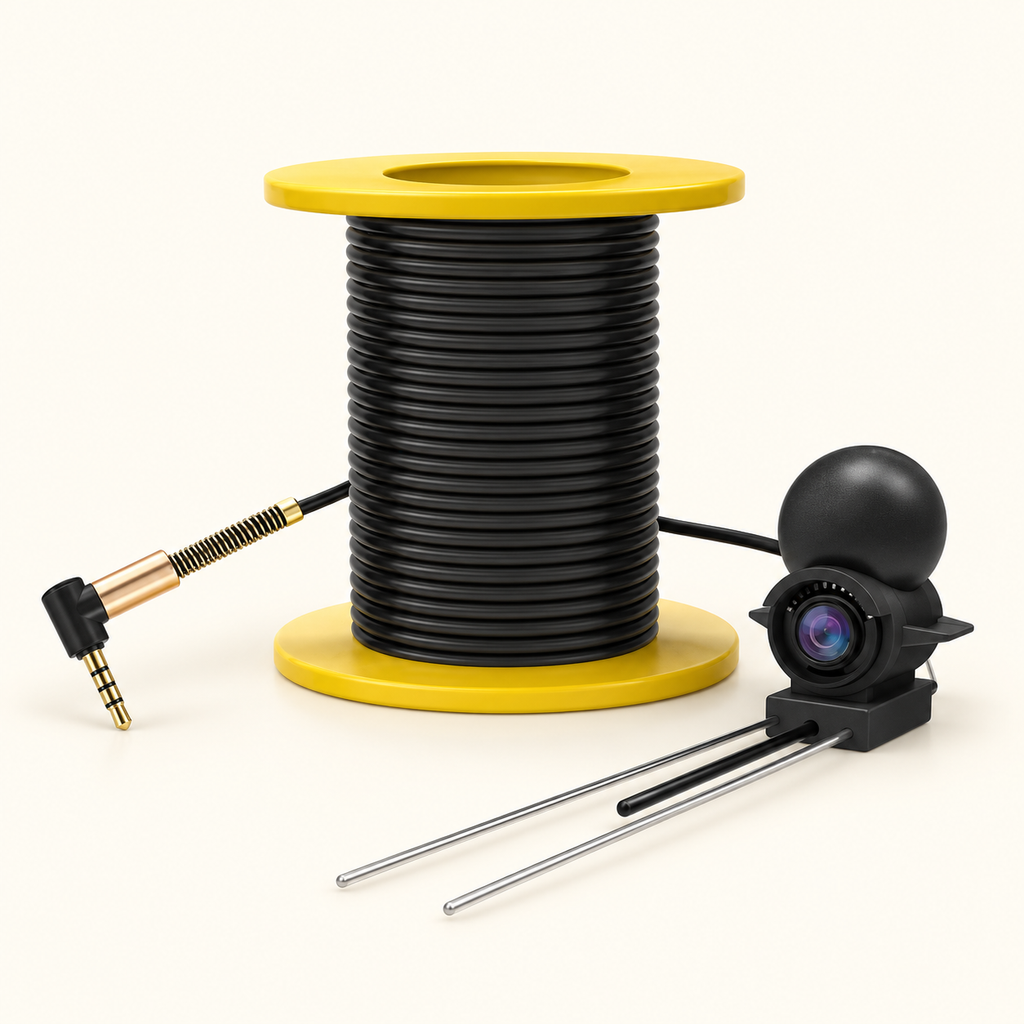 Underwater fishing camera lens and support arms beside the wound cable reel