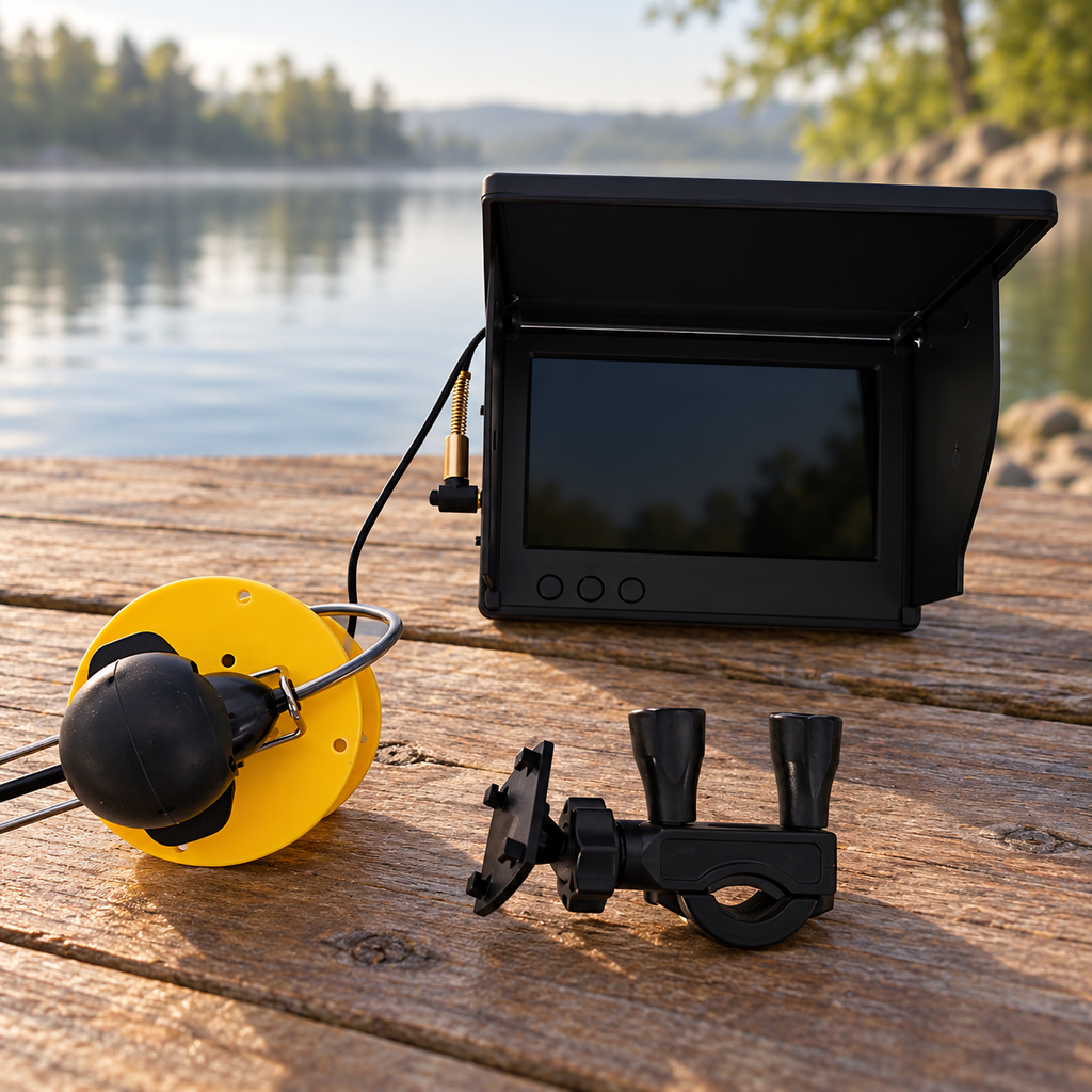 Underwater fishing camera and monitor kit displayed on a wooden lakeside dock