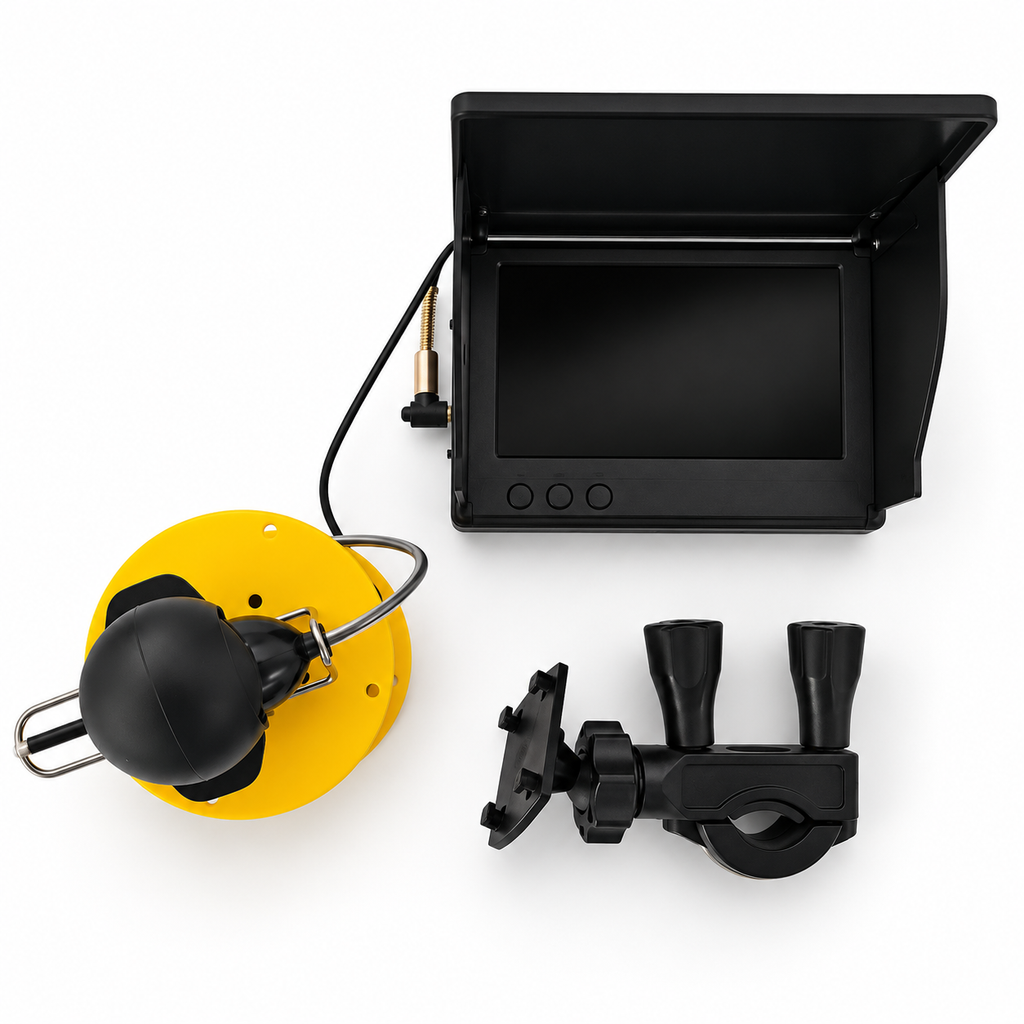 Underwater fishing camera kit with monitor, sun hood, cable reel and mounting bracket