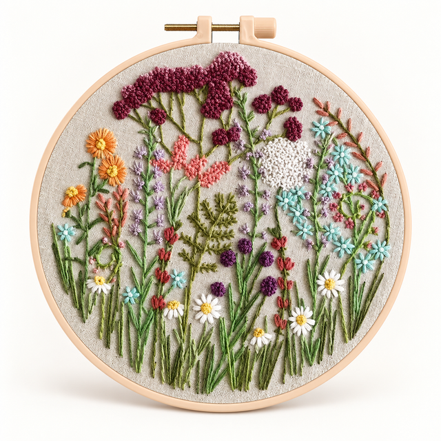 Fertig gesticktes Wildblumenmotiv im hellen Kunststoffrahmen vor weißem Hintergrund — Gearfinch