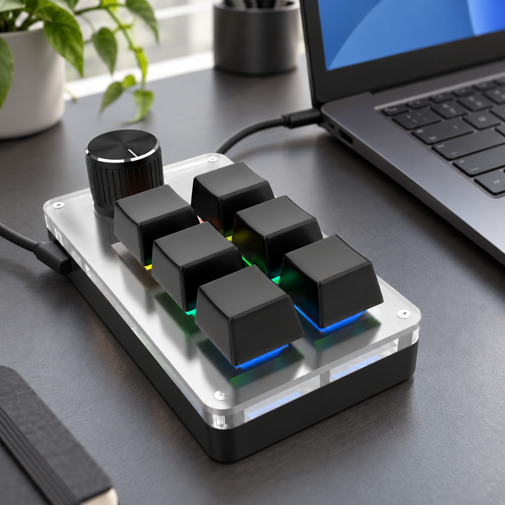 Schwarzes Makropad mit sechs Tasten per USB neben einem Laptop, illustrierte Schreibtischszene