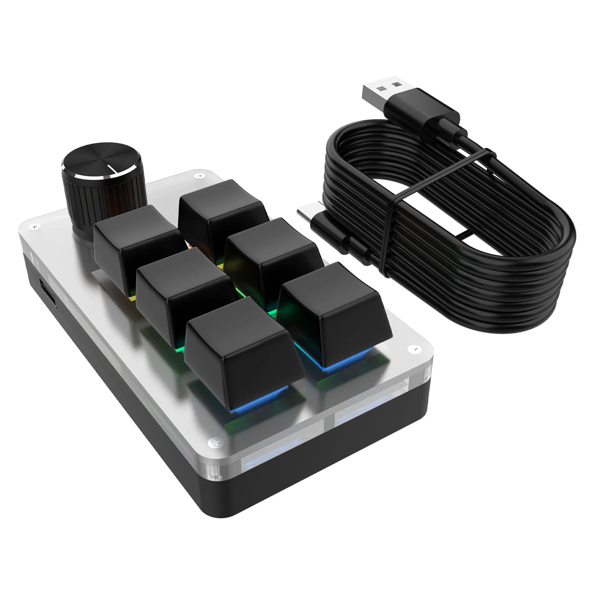 Schwarzes USB-Makropad mit sechs Tasten, Drehknopf, RGB-Licht und USB-Kabel — Gearfinch