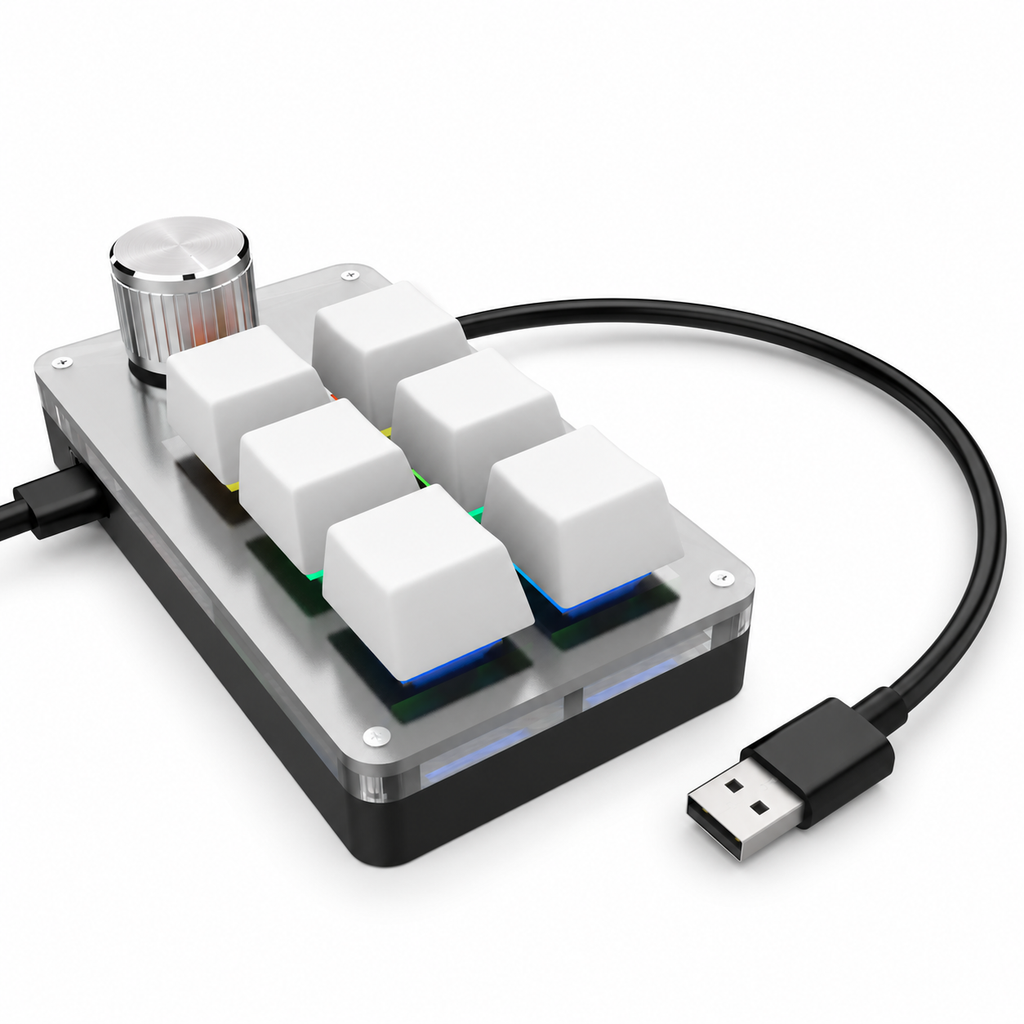 Weißes Makropad mit sechs Tasten zur Veranschaulichung von USB-C-Anschluss und USB-A-Kabelstecker
