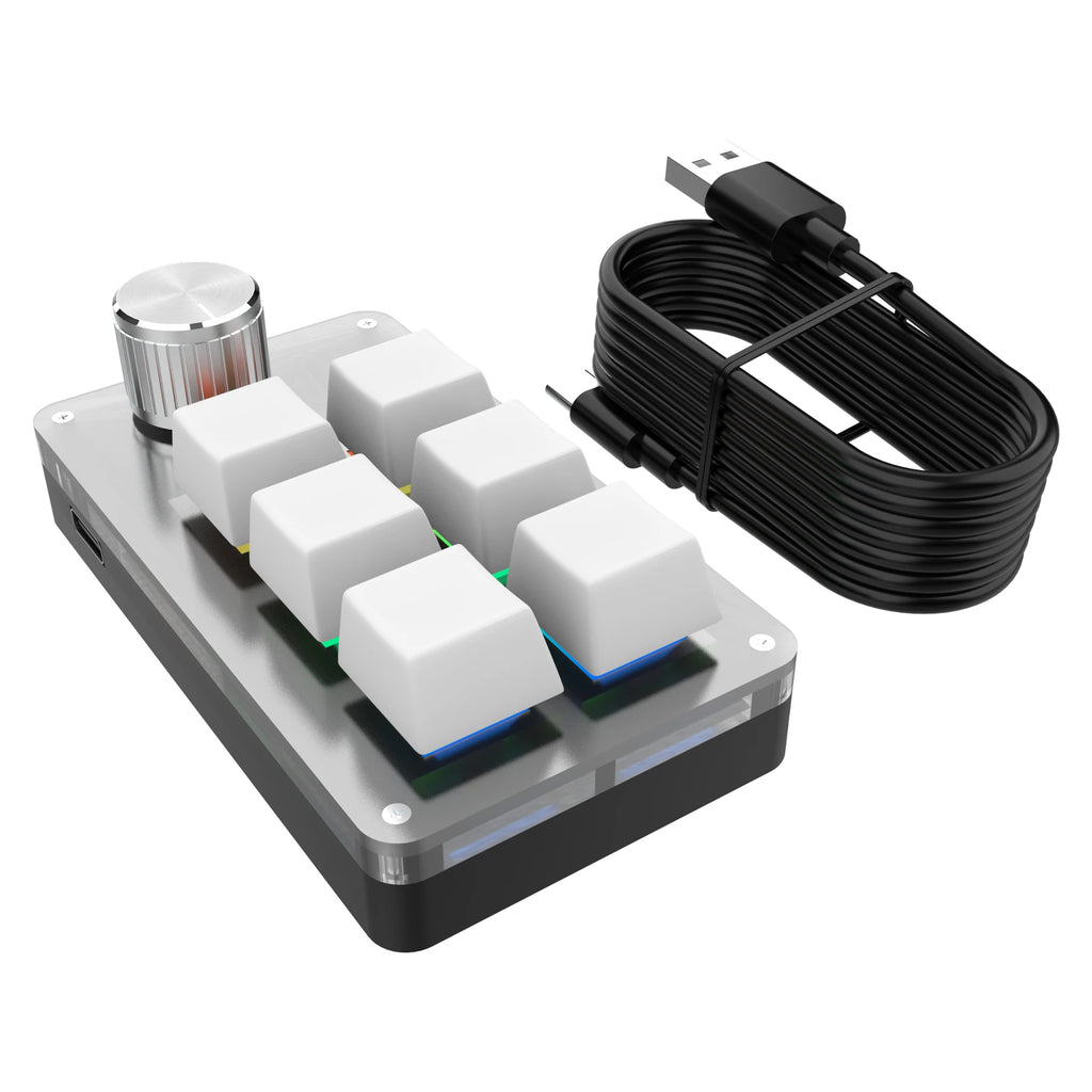 Weißes USB-Makropad mit sechs Tasten, Drehknopf, RGB-Licht und USB-Kabel