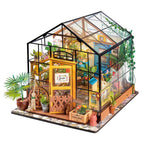 Greenhouse garden DIY miniature kit with transparent walls, flowers, furniture and warm LED lighting
