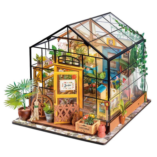 Greenhouse garden DIY miniature kit with transparent walls, flowers, furniture and warm LED lighting — Gearfinch