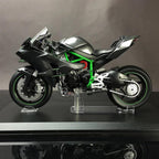 Black 35 cm Ninja H2R 1:6 RC motorcycle with smoke effects for a large-scale collector display