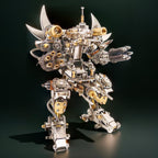 Titan Guardian mecha metal puzzle arranged as a dedicated watch display stand for a dresser