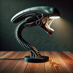 Alien guardian lamp stand for a sculptural bedroom shelf display and sci-fi room decor