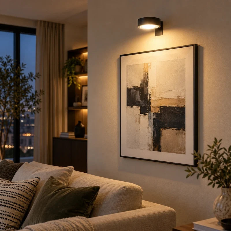 Schwarzes ArtGlow-Licht über einem gerahmten abstrakten Druck neben einem Sofa