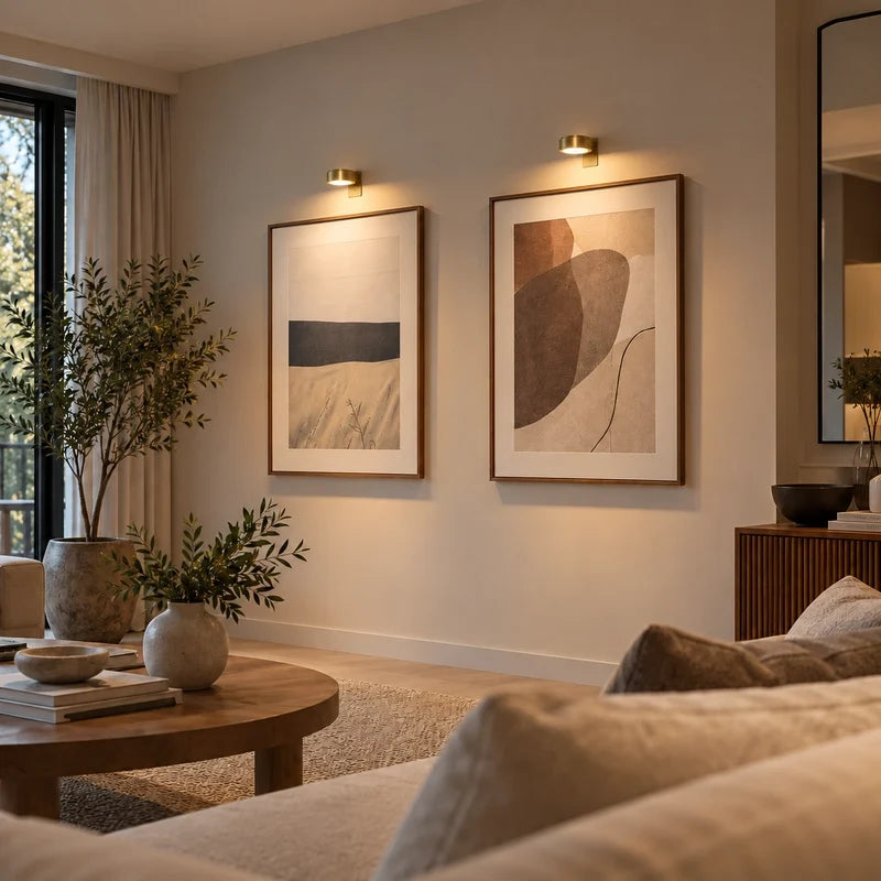 Paar goldene ArtGlow-Leuchten, die zwei gerahmte Drucke in einem Wohnzimmer beleuchten — Gearfinch