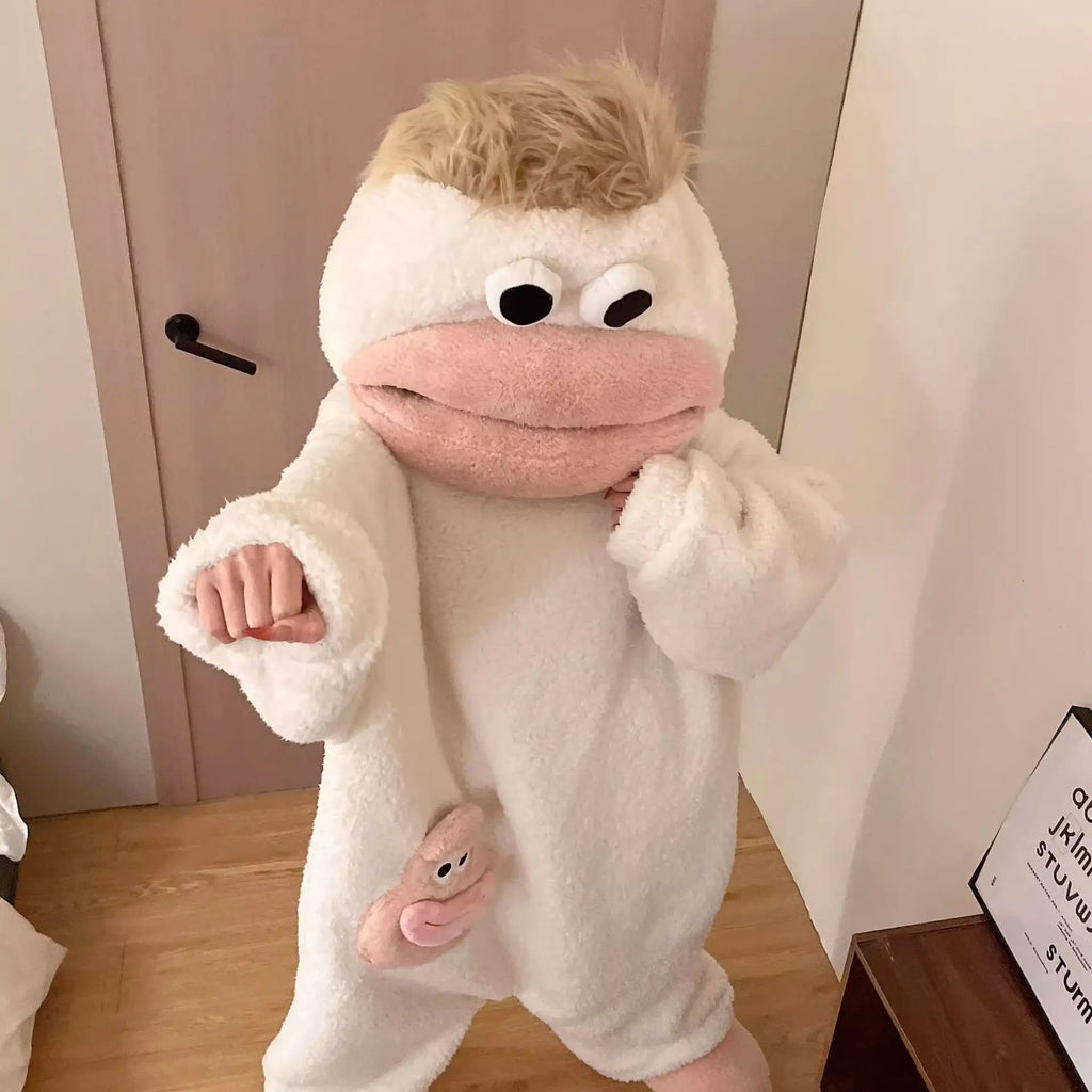 Combinaison en polaire Monstre crème avec capuche expressive et poche assortie