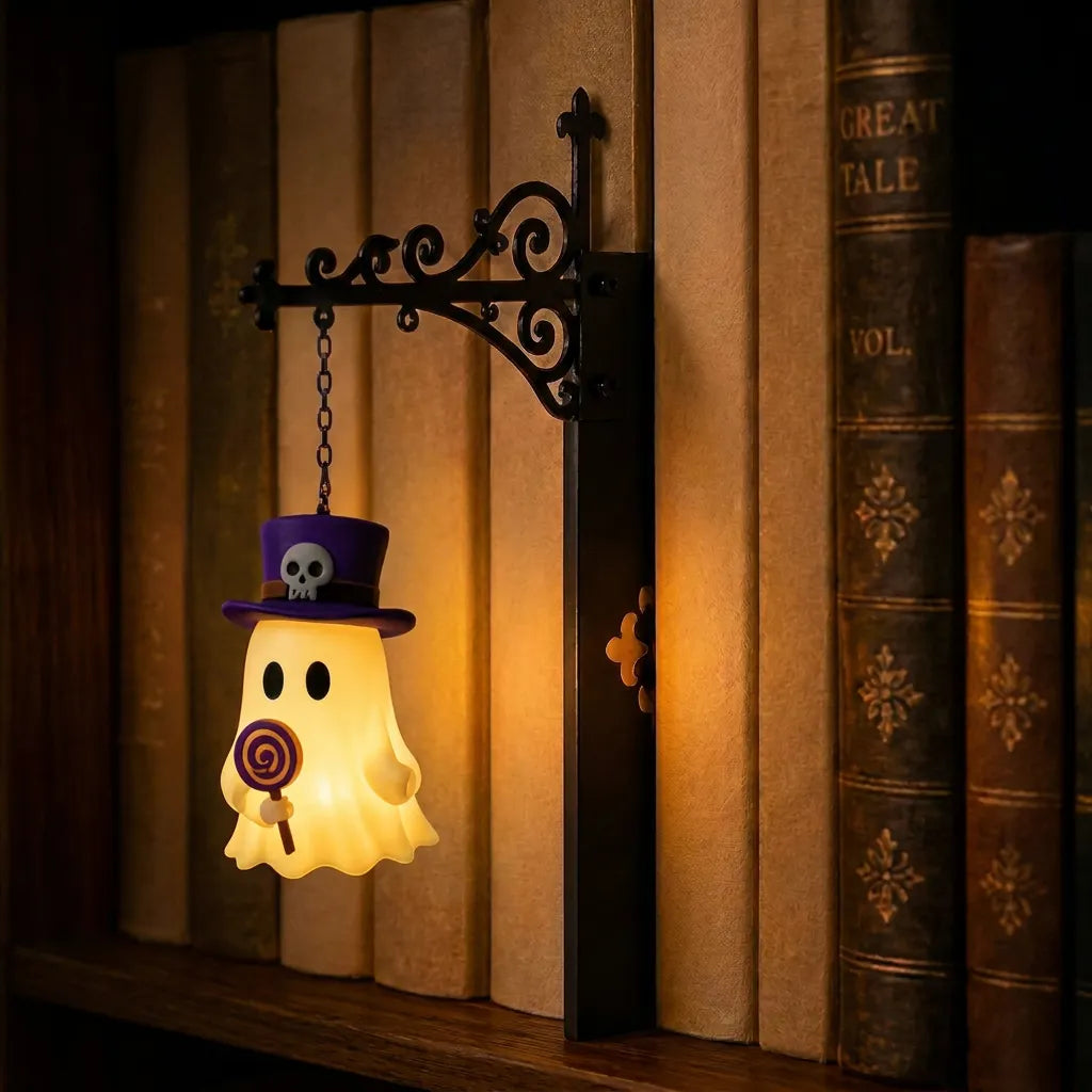 Geist mit Lutscher als Bücherregal-Leuchte an einer dunklen, dekorativen Halterung mit einem Lichtakzent vor den Buchrücken.