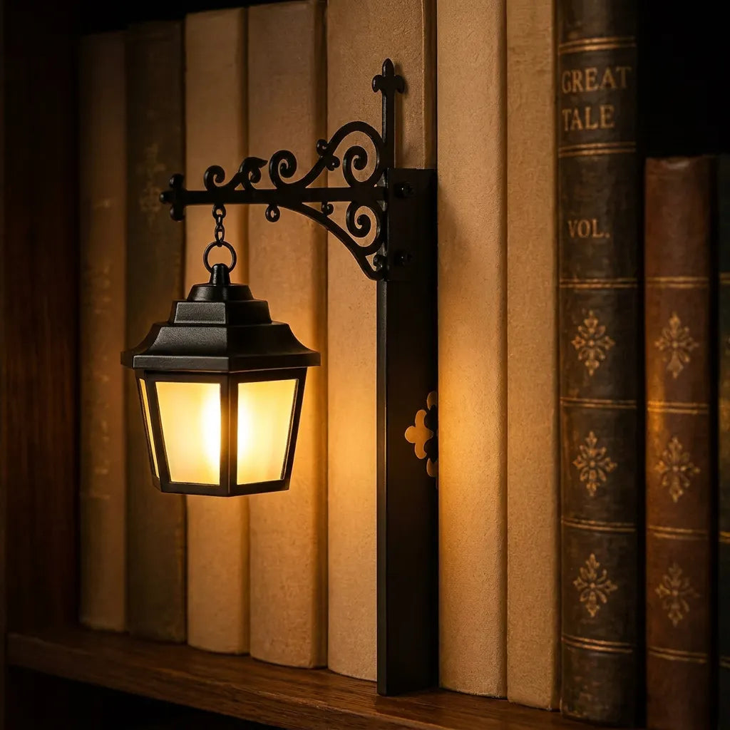 Klassische Laterne als Bücherregal-Leuchte an einer dunklen, dekorativen Halterung mit einem Lichtakzent vor den Buchrücken.