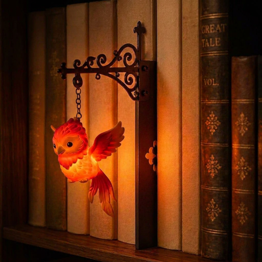 Phönix als Bücherregal-Leuchte an einer dunklen, dekorativen Halterung mit einem Lichtakzent vor den Buchrücken.