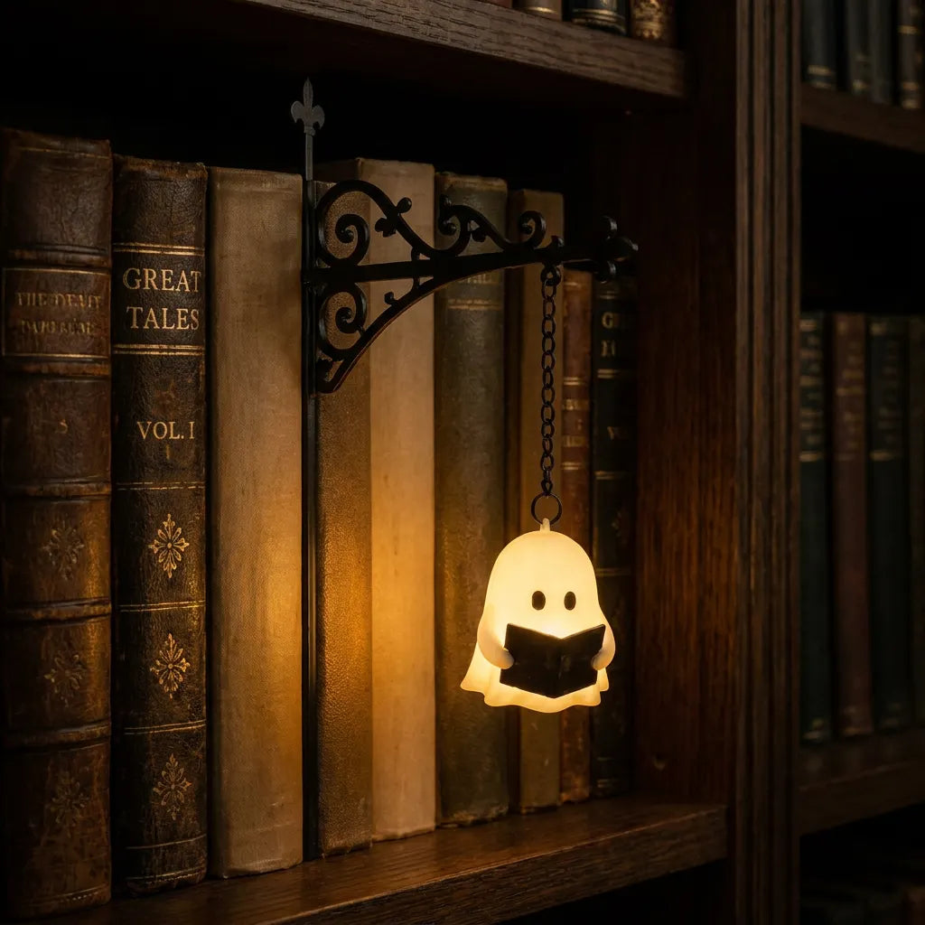 Lesender Geist als Bücherregal-Leuchte an einer dunklen, dekorativen Halterung mit einem Lichtakzent vor den Buchrücken.