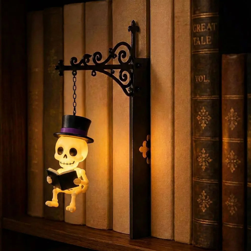 Lesendes Skelett als Bücherregal-Leuchte an einer dunklen, dekorativen Halterung mit einem Lichtakzent vor den Buchrücken.