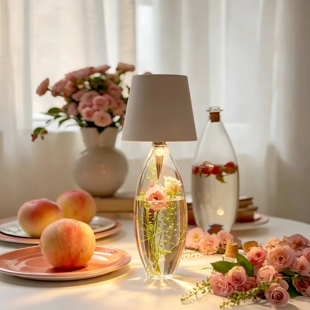 Tête de lampe BottleGlow crème sur une bouteille décorative transparente à côté des fleurs