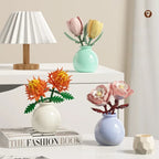 Buildable bouquet vase flower varieties arranged as lasting brick decor for shelves and small apartments