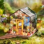 Greenhouse garden craft kit showing tiny succulents, flower pots and rustic wooden furniture