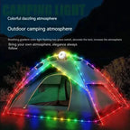 Voorbeelden van de lichtstanden van de Equipery-lantaarn en het lichtsnoer rond een tent