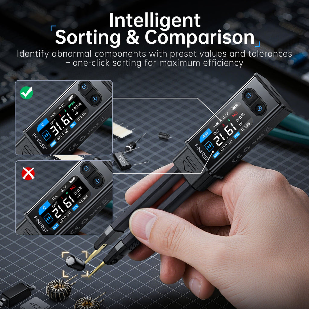 Tweezer tips contacting a small electronic component