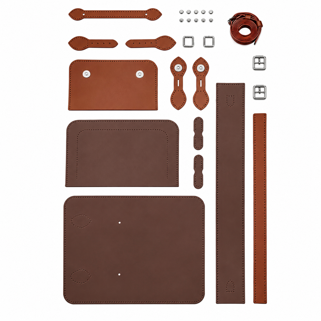 Illustration of the dark brown satchel kit panels, cognac straps and silver hardware
