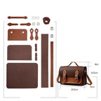 Teile, Riemen und Beschläge des dunkelbraunen Taschensets neben einem fertigen Beispiel mit 24,5 × 16,5 × 8 cm
