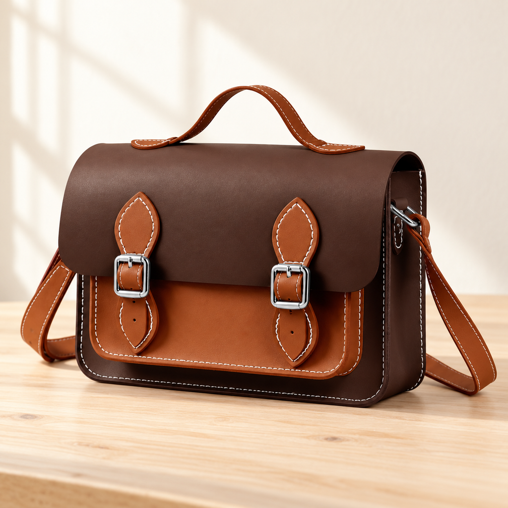 Illustrative assembled dark brown and cognac faux leather satchel on a wooden desk