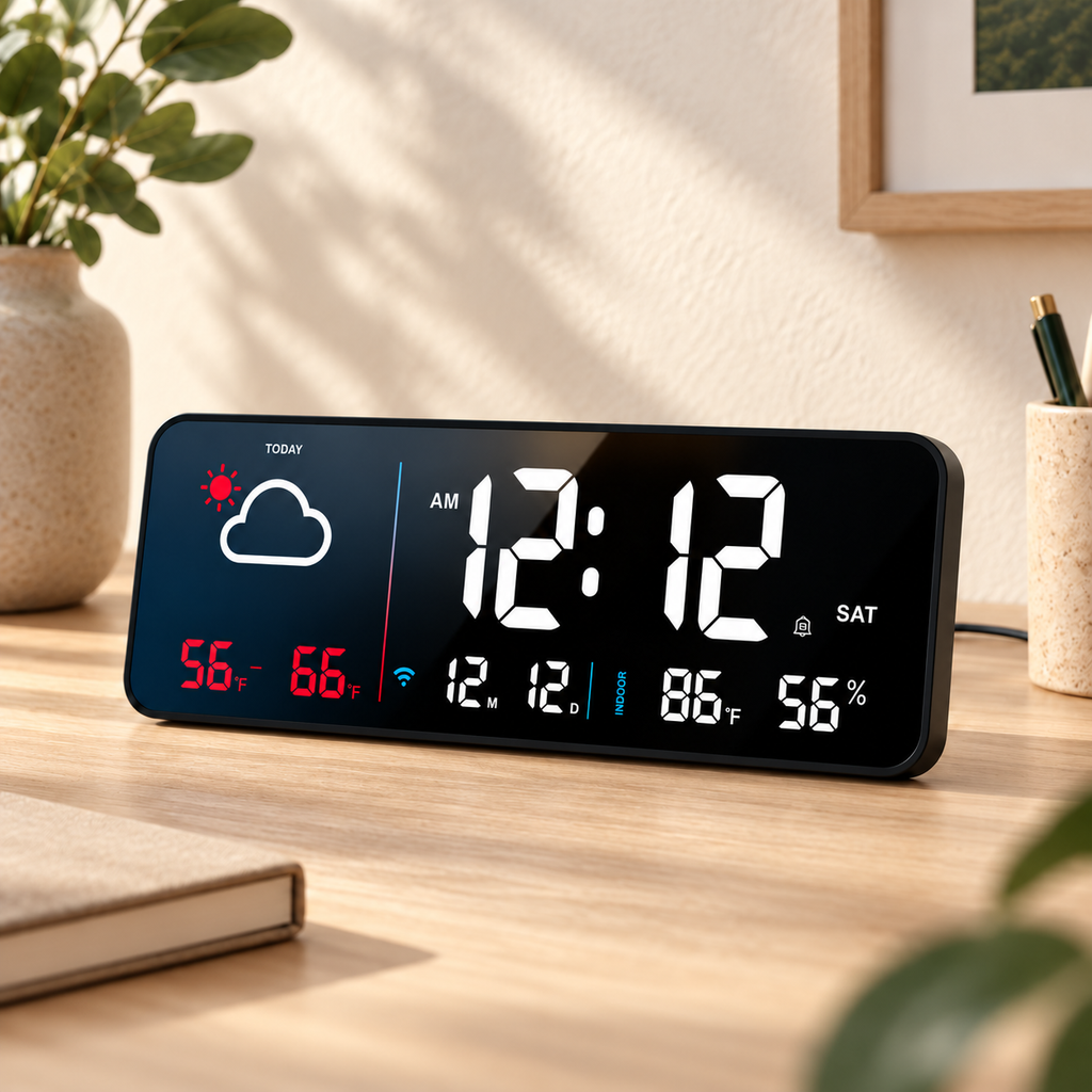 Black Dayview clock on a natural oak desk