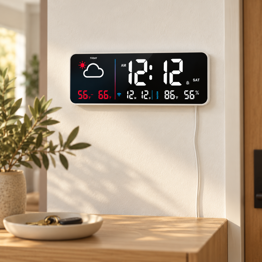 White Dayview weather clock mounted above an oak console with power cable