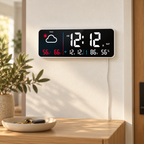 White Dayview weather clock mounted above an oak console with power cable