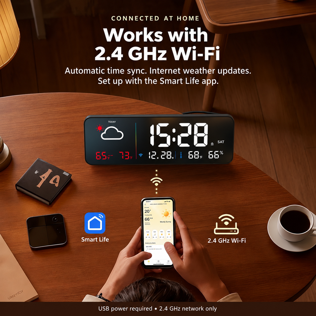 F900 weather clock connects to 2.4 GHz Wi-Fi through Smart Life; USB power required