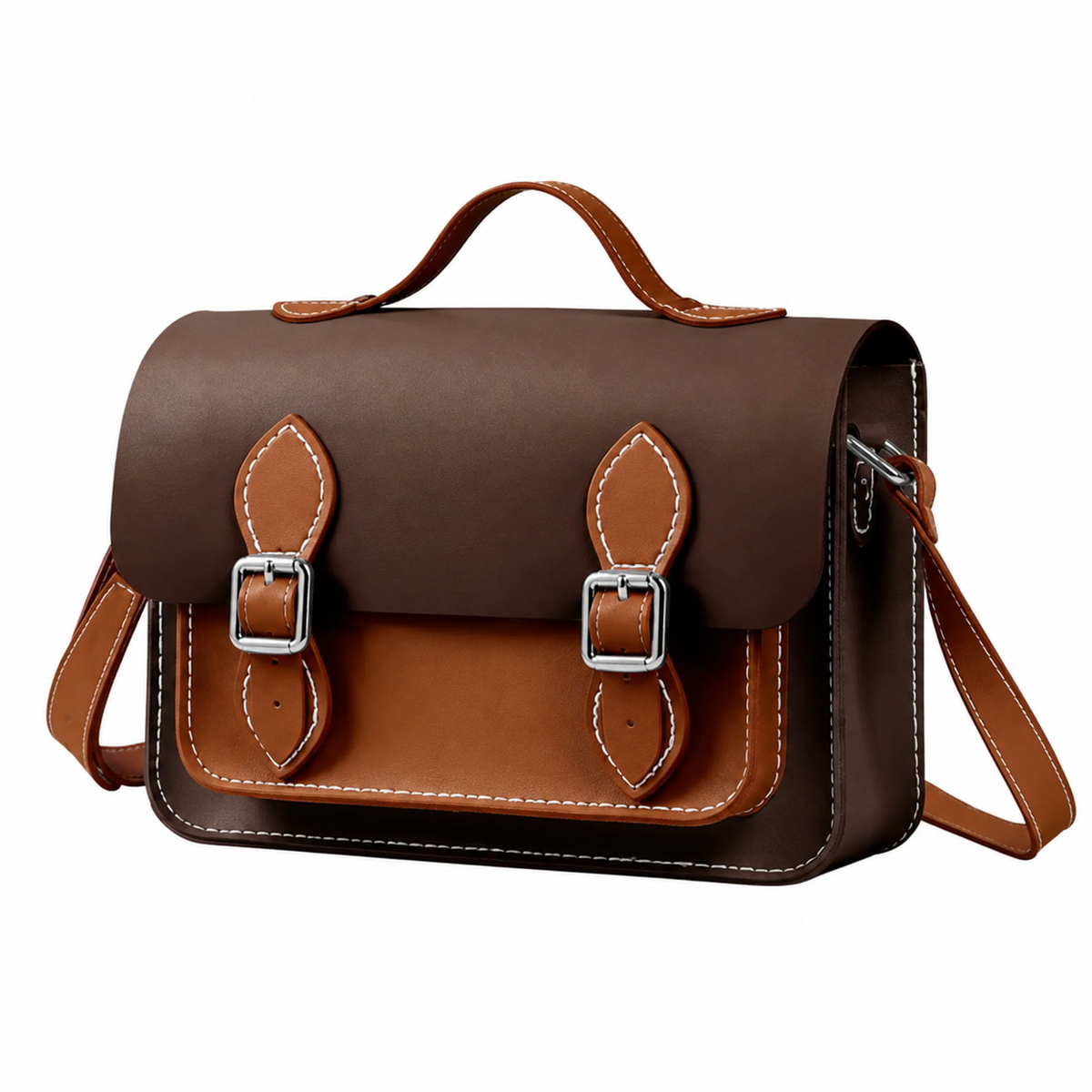 Fertig montierte dunkelbraune Kunstledertasche mit braunen Akzenten, Griff und Schulterriemen — Gearfinch