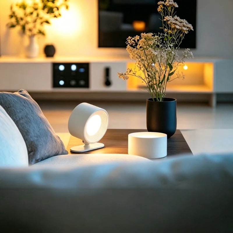 Lumière blanche EasyStick reposant sur sa base à côté d'un canapé