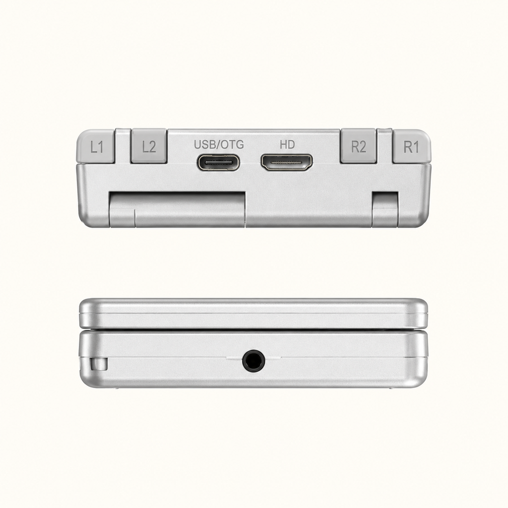 Closed clamshell edge views with ports and shoulder controls