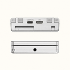 Closed clamshell edge views with ports and shoulder controls