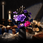 12-stem botanical building bouquet with water lily, larkspur, holly berries and leaves