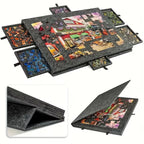 Dark Gray puzzle board shown tilted, folded, and with drawers open